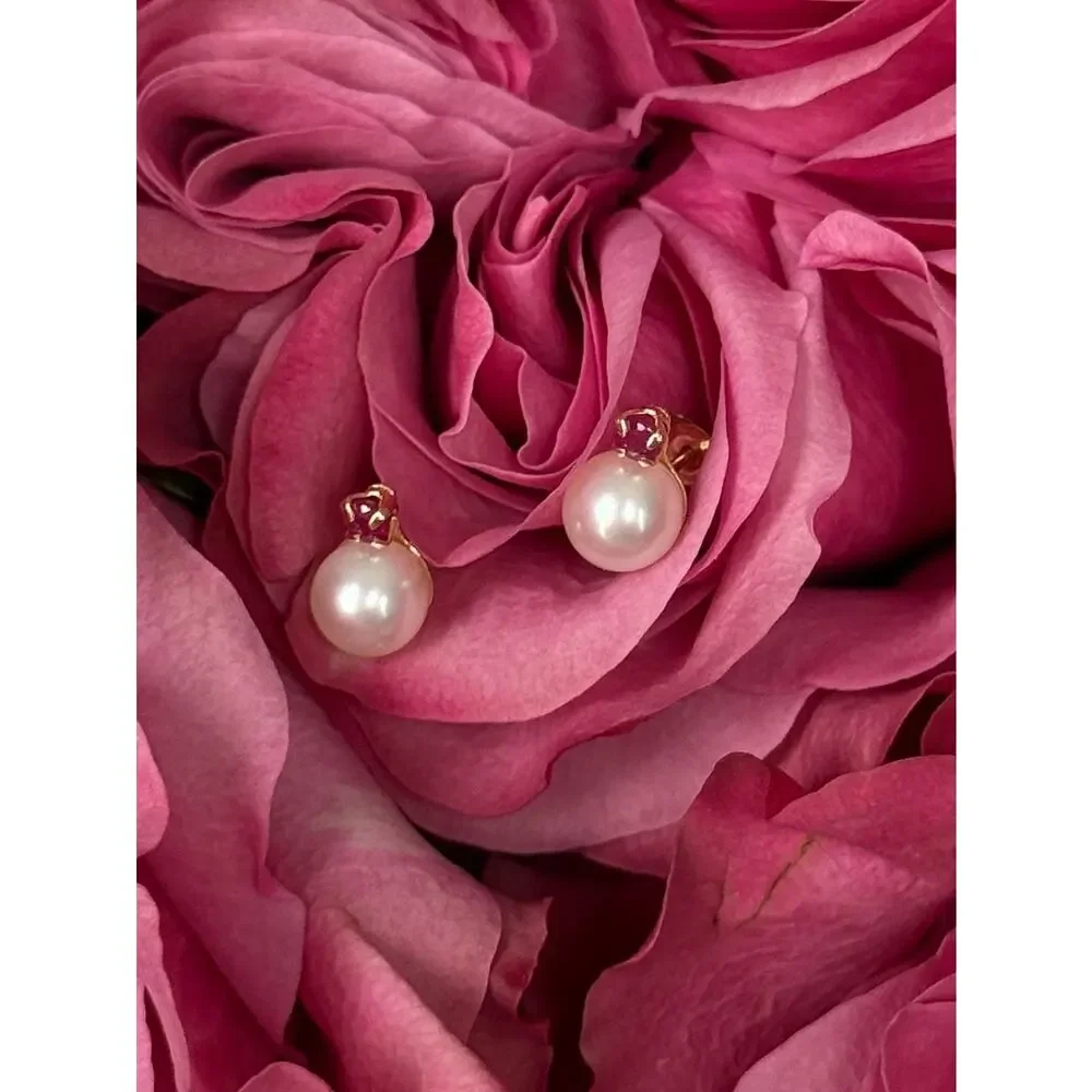 14K Yellow Gold Pearl & Ruby Stud Earrings